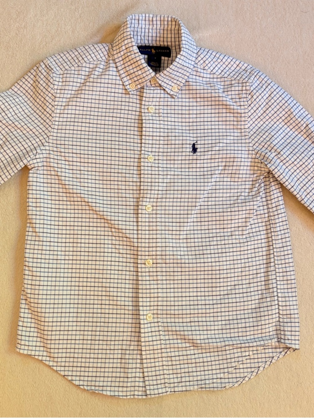 Ralph Lauren Boy’s White Buttondown Shirt with Navy Windowpane Check Sz 7